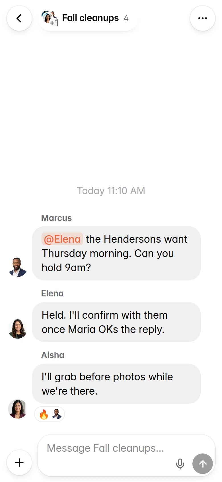 A group chat on a phone called Fall cleanups: Marcus asks Elena to hold Thursday at 9, Elena holds it, and Aisha offers to take before photos.